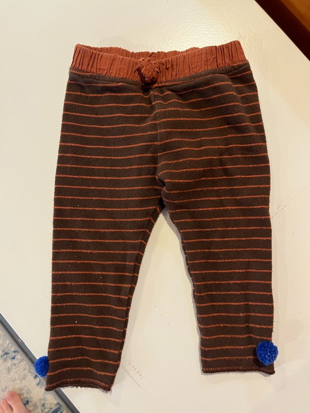 Zara Brown & Rust Striped Kids Leggings with Blue Pom Accents